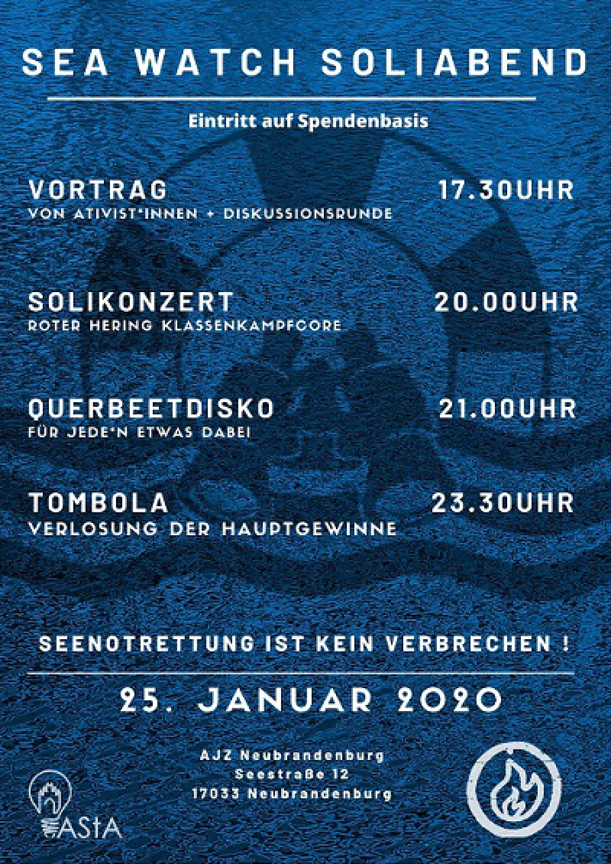 Flyer: SEA WATCH SOLIABEND // VORTRAG AKTIVISTINNEN