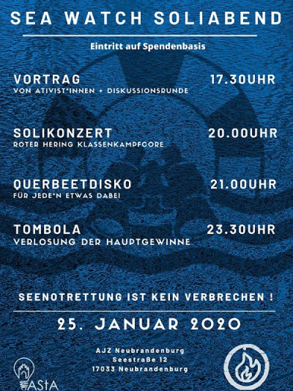 Flyer: SEA WATCH SOLIABEND // VORTRAG AKTIVISTINNEN