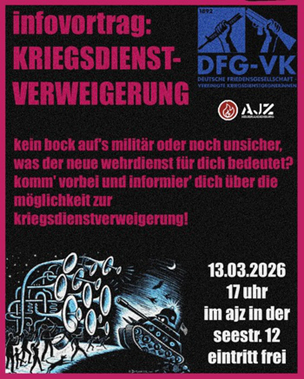 Flyer: INFOVORTRAG KRIEGSDIENSTVERWEIGERUNG